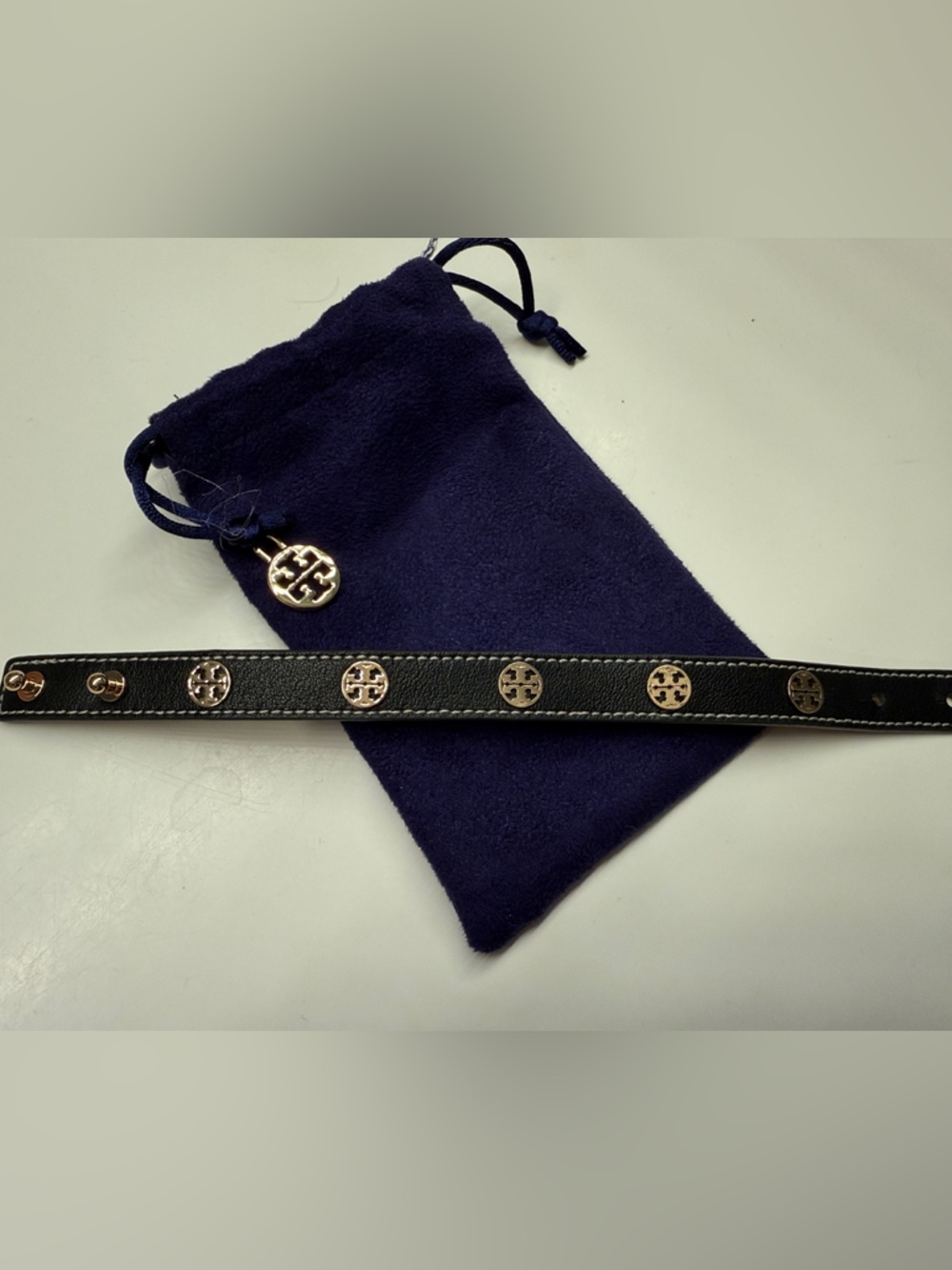 Authentic Tory Burch Black Leather Bracelet with Gold Logo Accents